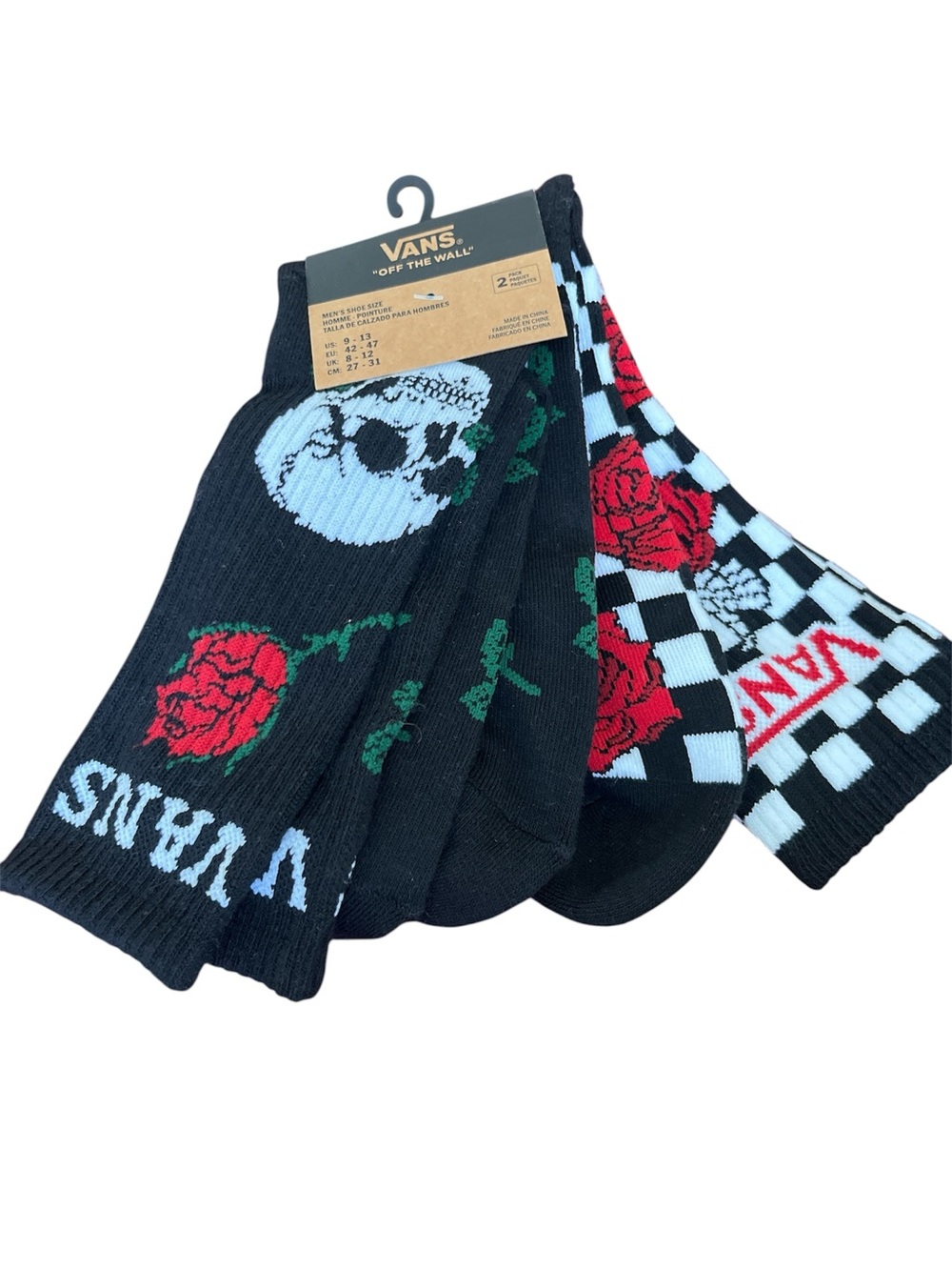 Vans Black Crew Socks with Red Rose & Checkerboard - 2 Pack